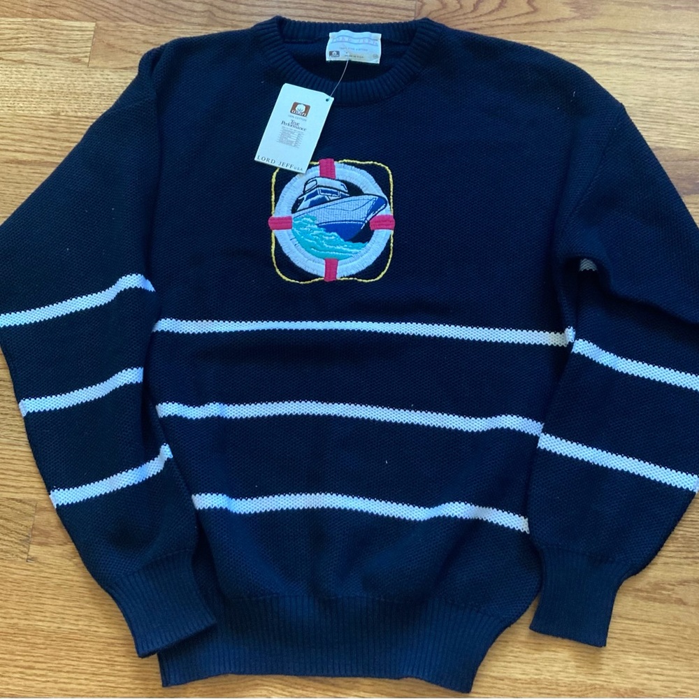 NWT Vintage Lord Jeff Black Striped Knit Nautical Sailing Sweater - Size M